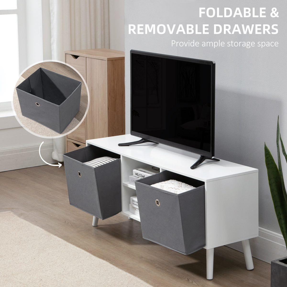 HOMCOM Modern TV Cabinet Stand with 2 Fabric Drawers, 2 Shelves, Cable Holes, Fits TVs up to 50in