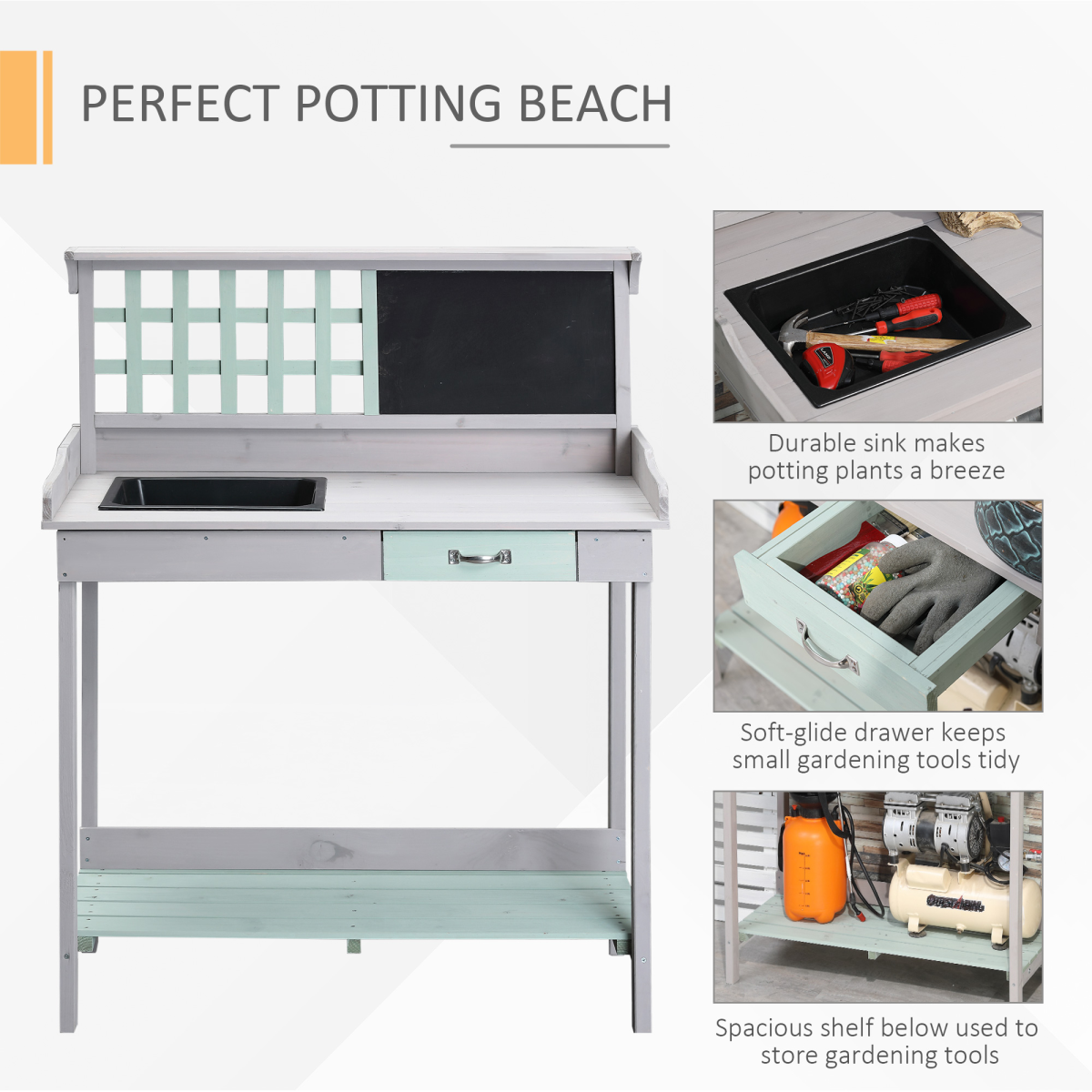Outsunny Outdoor Solid Fir Wood Potting Table Bench with Sink, Blackboard, Drawer and Slatted Shelf