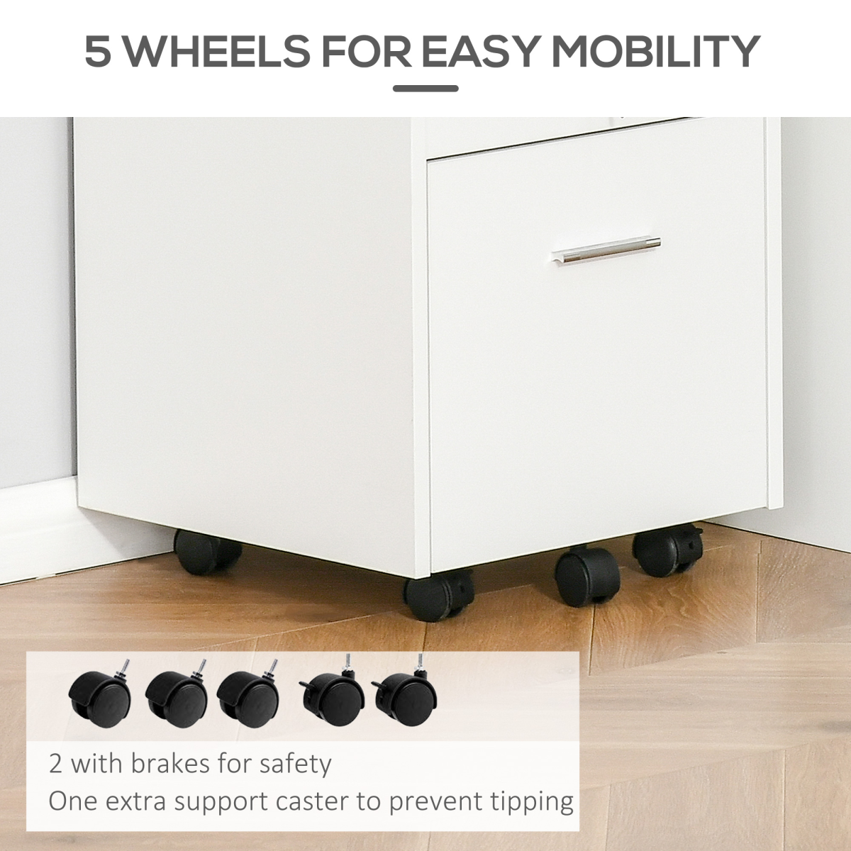 Mobile Lockable File Cabinet with Drawer, Open Shelf, 5 Wheels, White, Vinsetto
