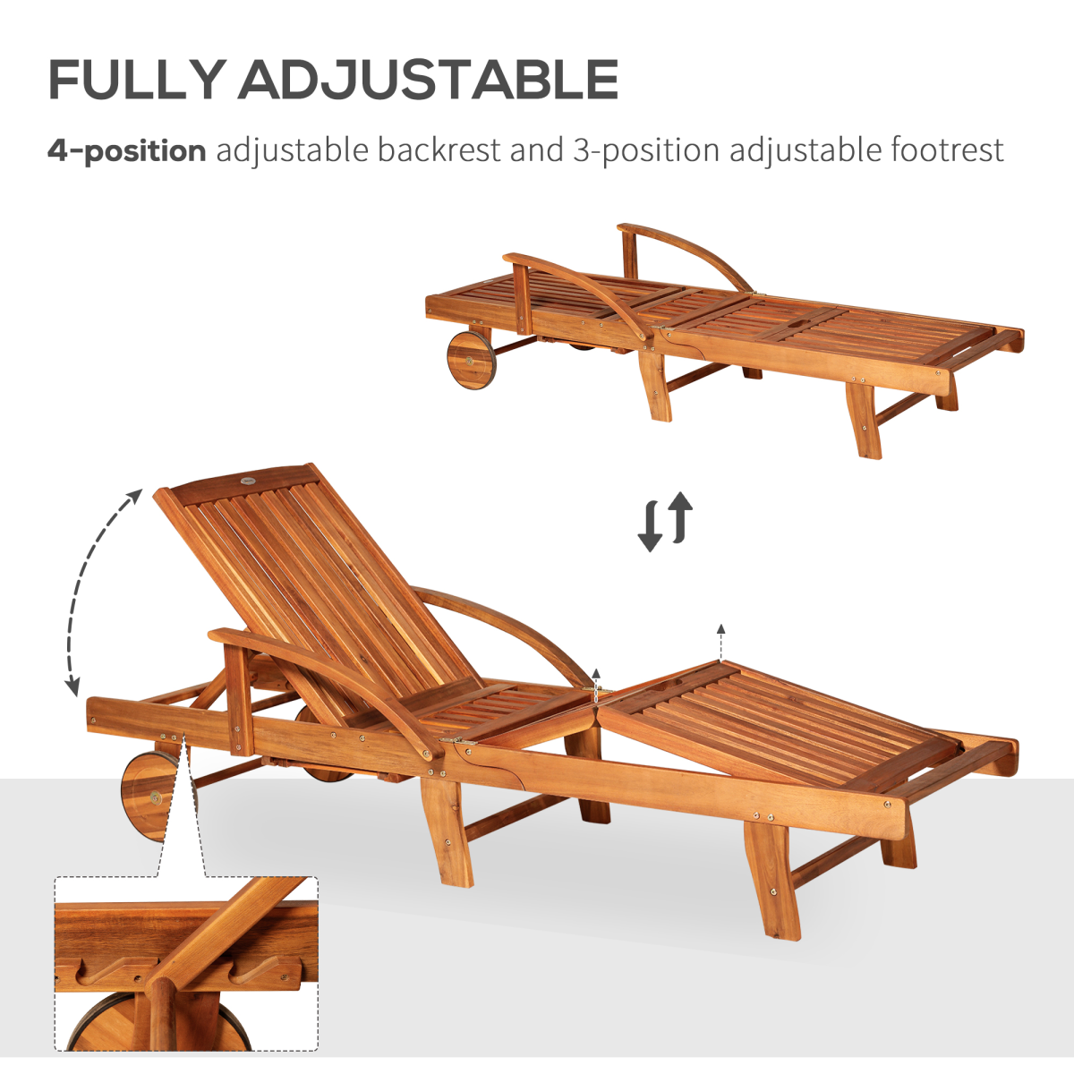 Outsunny Acacia Wood Foldable Sun Lounger with Adjustable Back & Wheels