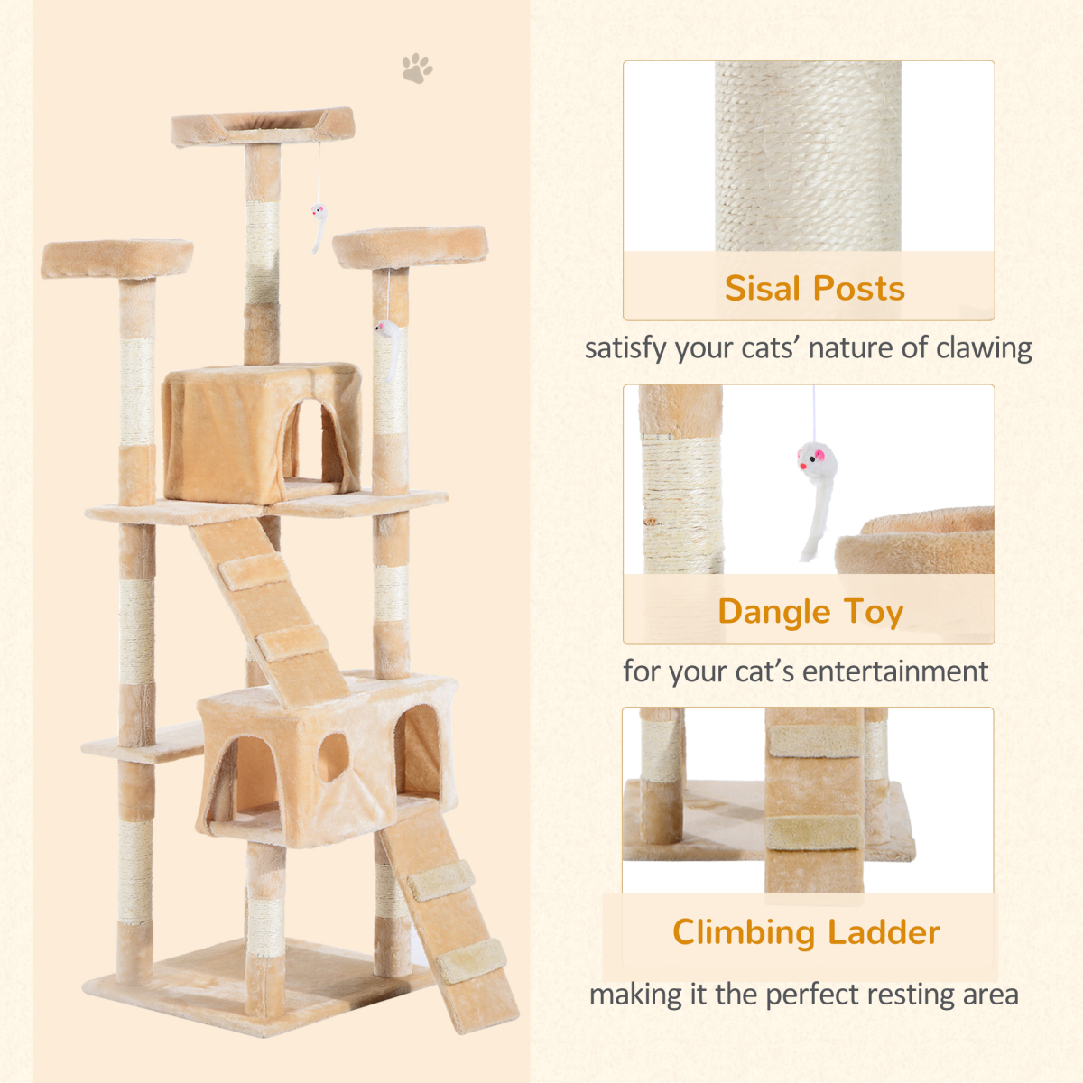 Pawhut 170CM Multi-Level Cat Tree Scratching Post with 3 Top Perches, 2 Condos, 2 Ladders and 3 Dangling Toys