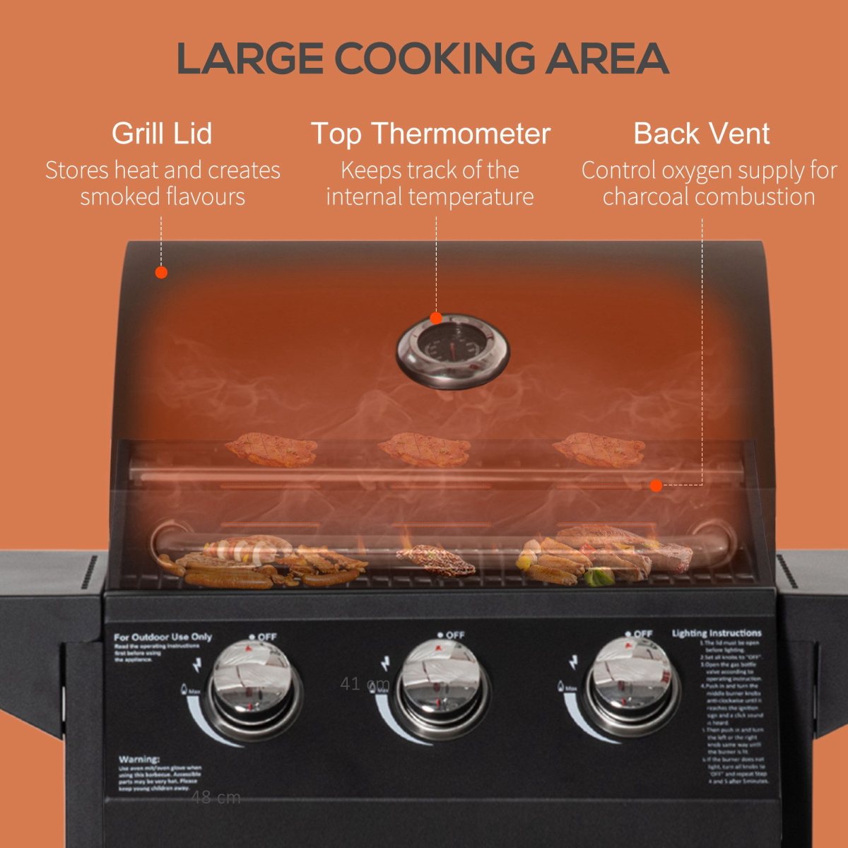 Outsunny 3 Burner Gas BBQ Grill with Lid, Warming Rack, Side Shelves, Storage Cabinet, Wheels, Piezo Ignition
