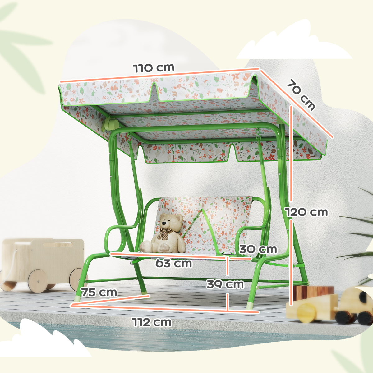 Kids Fox Pattern Swing Seat with Adjustable Canopy
