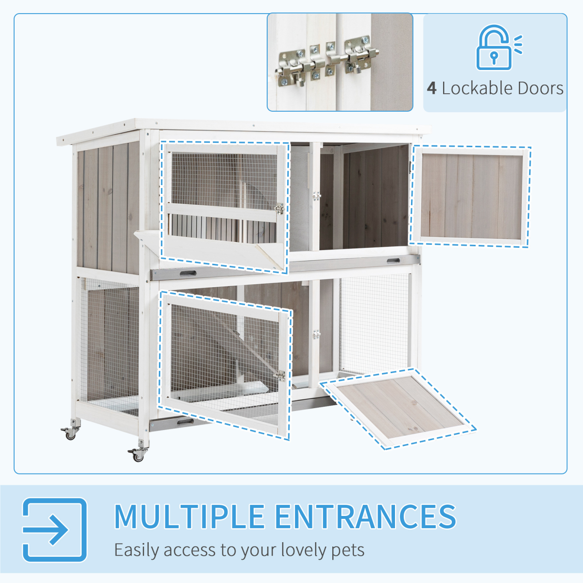 Two-Tier Wooden Rabbit Hutch with Wheels, Tray & Rain Cover