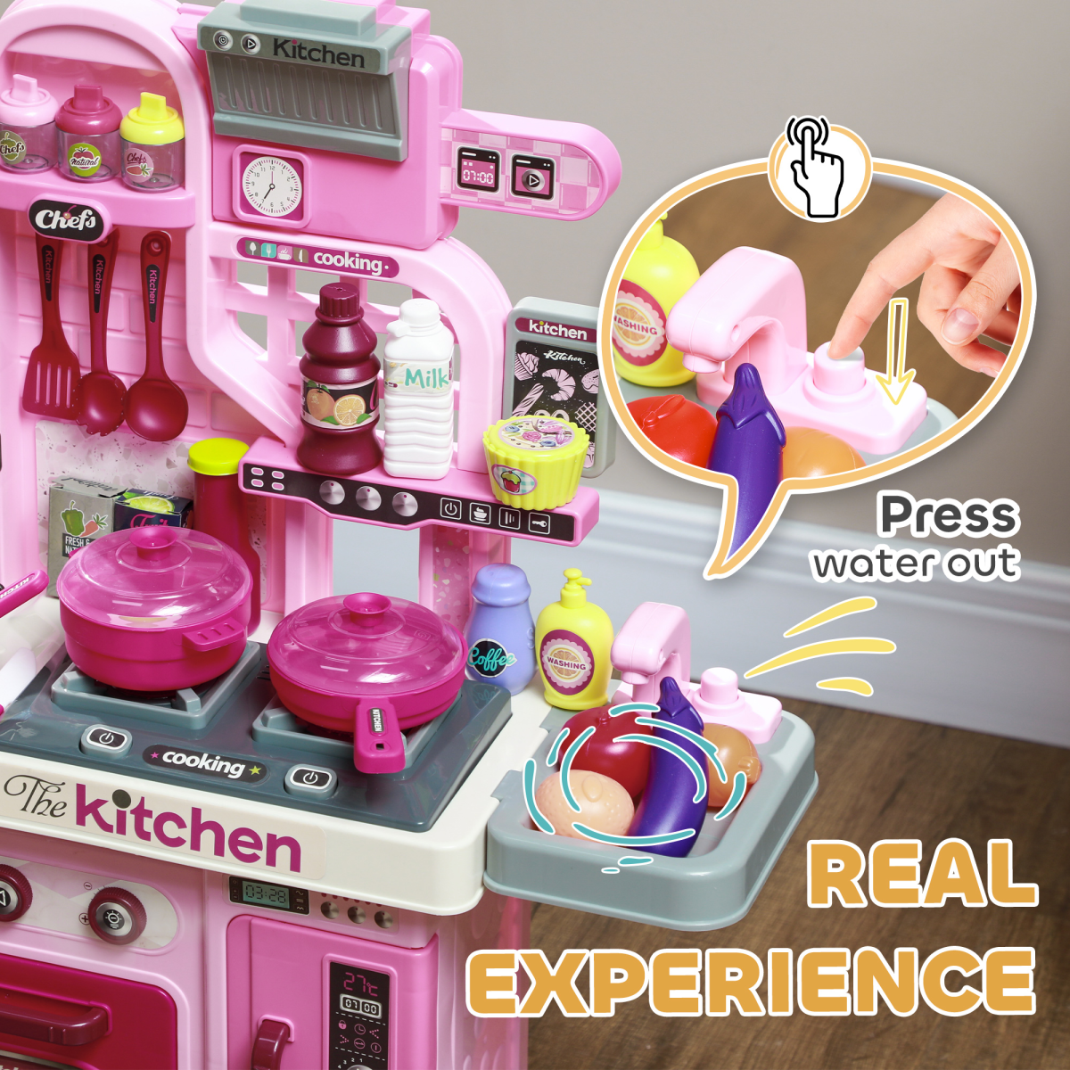 AIYAPLAY Kids Kitchen Playset, 33-Piece, Lights, Sounds, Storage
