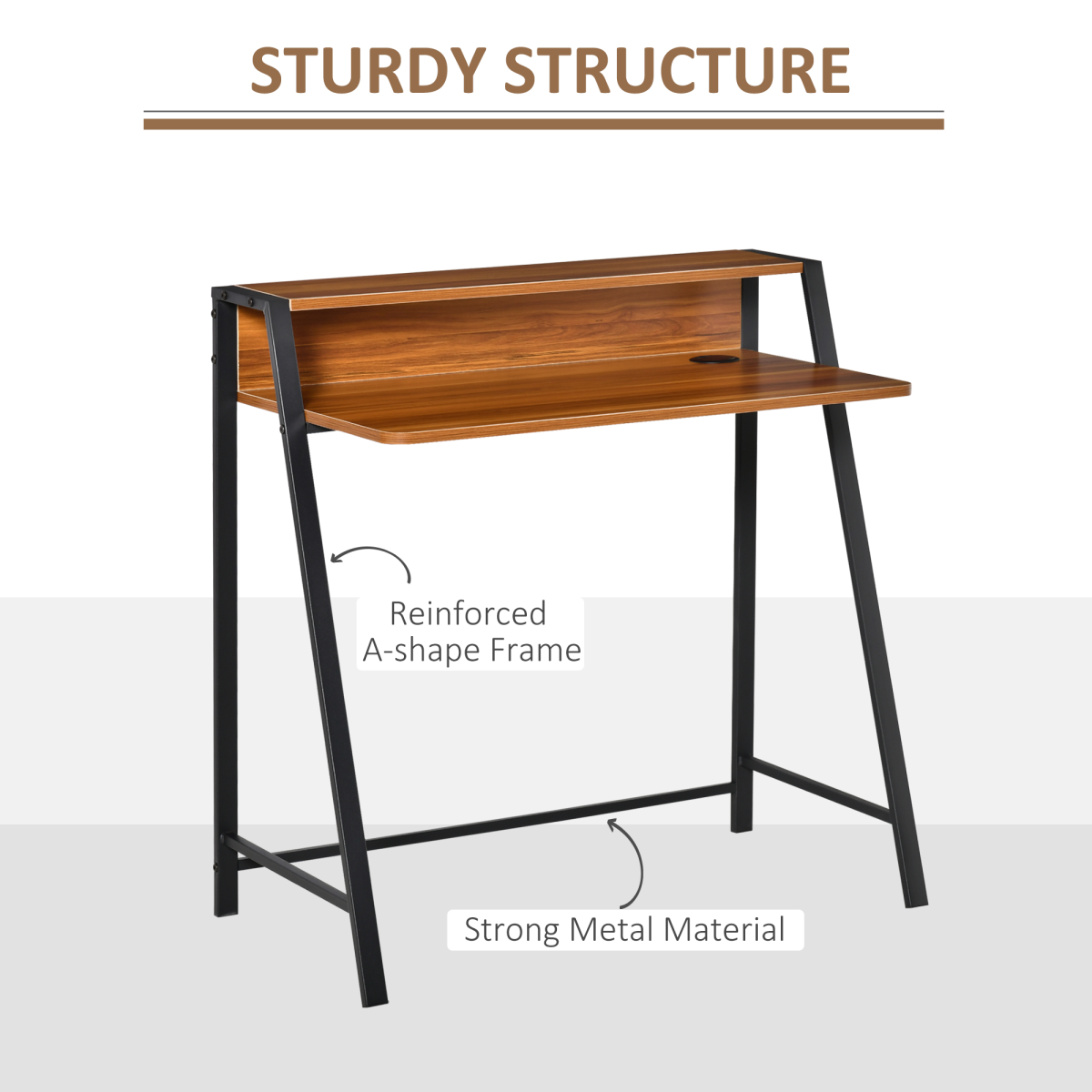 HOMCOM Computer Table, Two-Tier Table Top, Steel Frame, Walnut Colour, 84 x 45 x 85 cm
