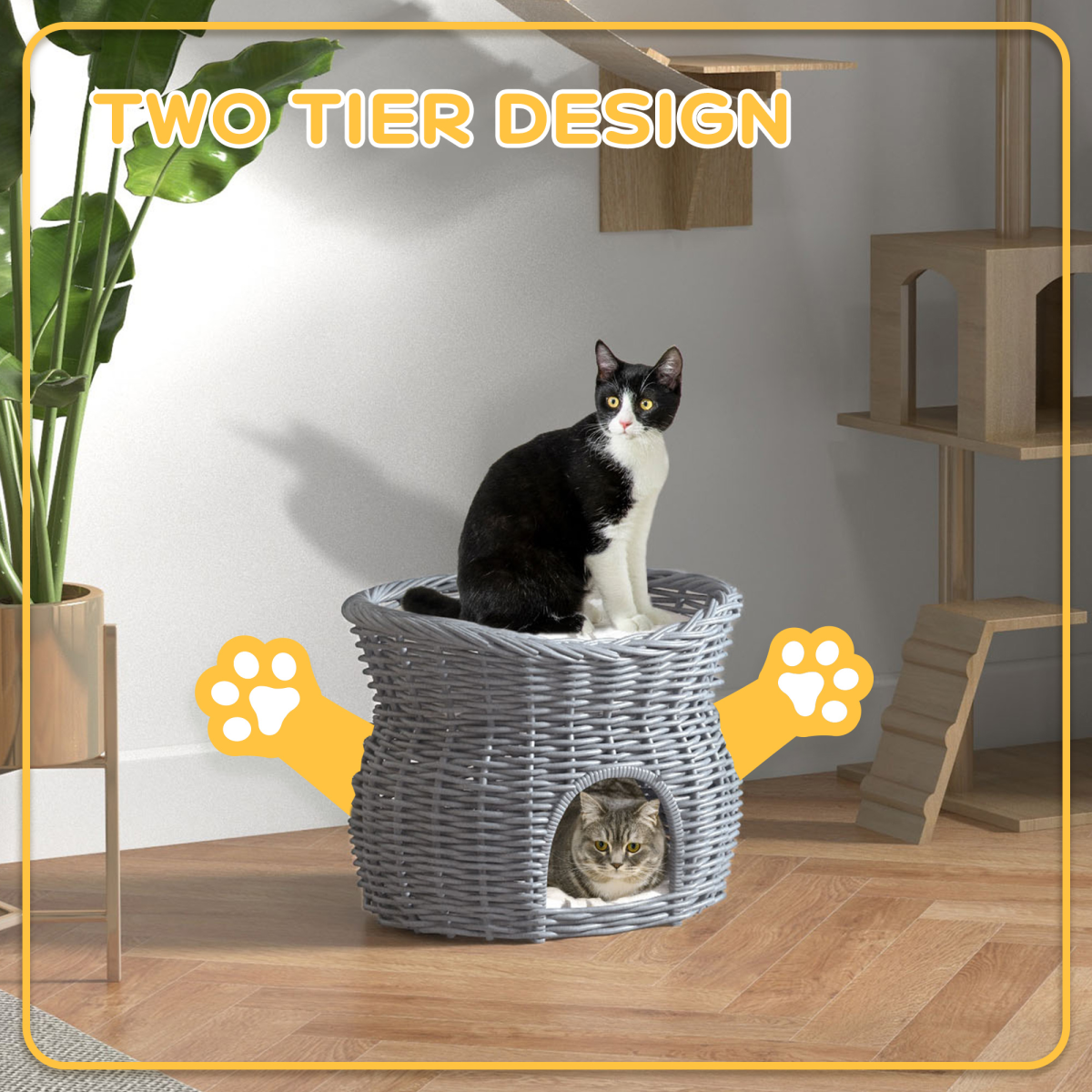PawHut 2-Tier Elevated Willow Pet Cushion Bed with Washable Cushions, Grey
