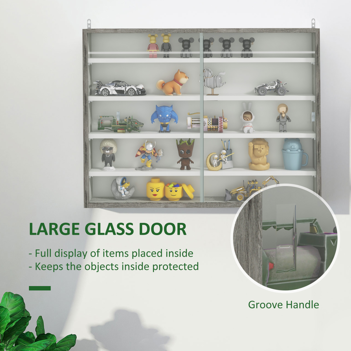 HOMCOM 5-Tier Wall-Mounted Display Cabinet with Glass Doors, Grey