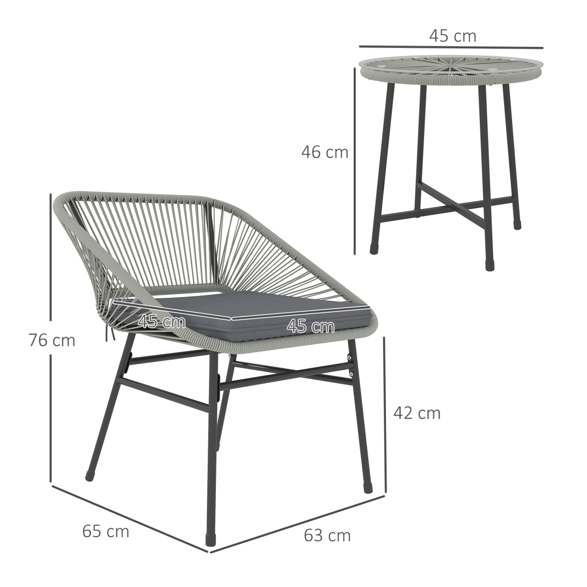 Outsunny 3 Piece Rattan Bistro Set with Cushions, Light Grey