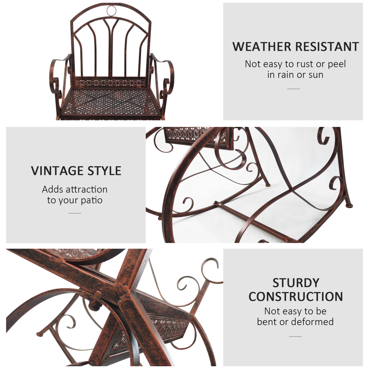 Outsunny Bronze Metal 2-in-1 Outdoor Rocking Chair Bench with Armrests