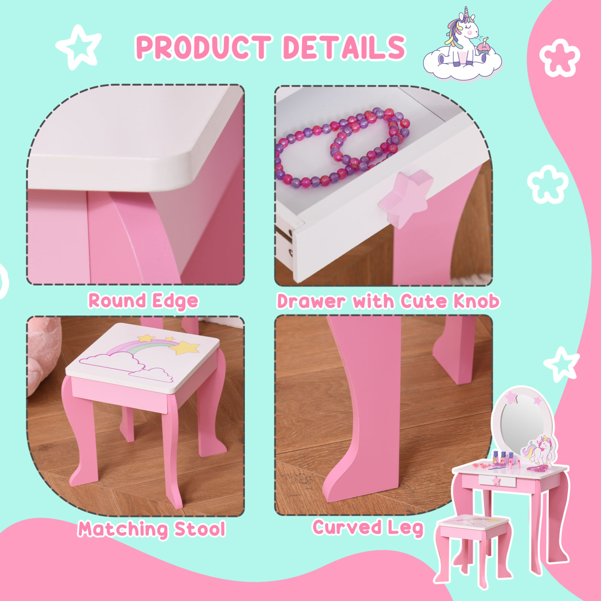 HOMCOM Kids Vanity Dressing Table Set with Mirror, Stool, Unicorn Design