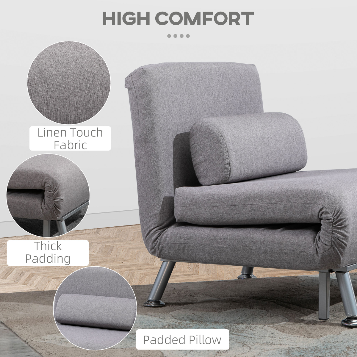 HOMCOM Grey Linen Upholstered Single Sofa Bed with Adjustable Back and Pillow