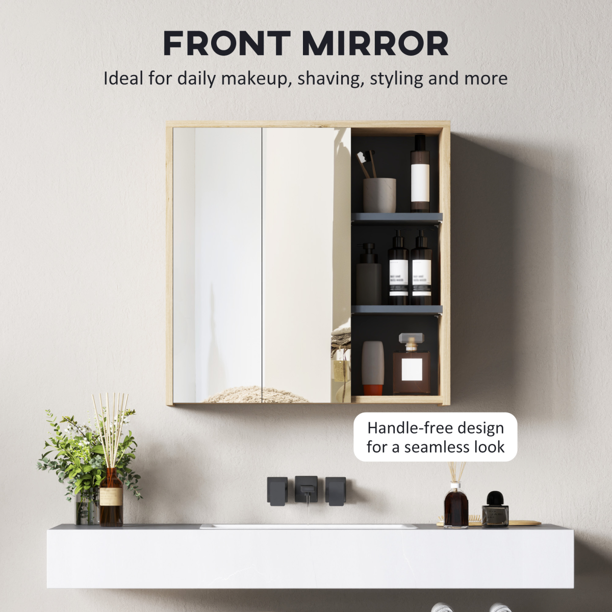 HOMCOM Wall Mounted Bathroom Mirror Cabinet with 5 Shelves, Natural
