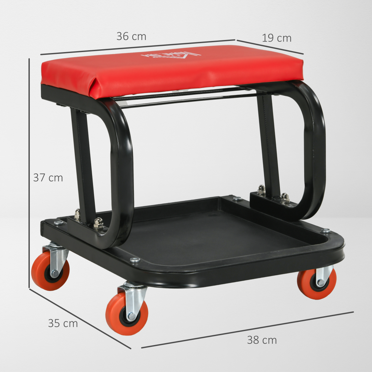 HOMCOM Rolling Workshop Stool with Tool Tray and Padded Seat, Red