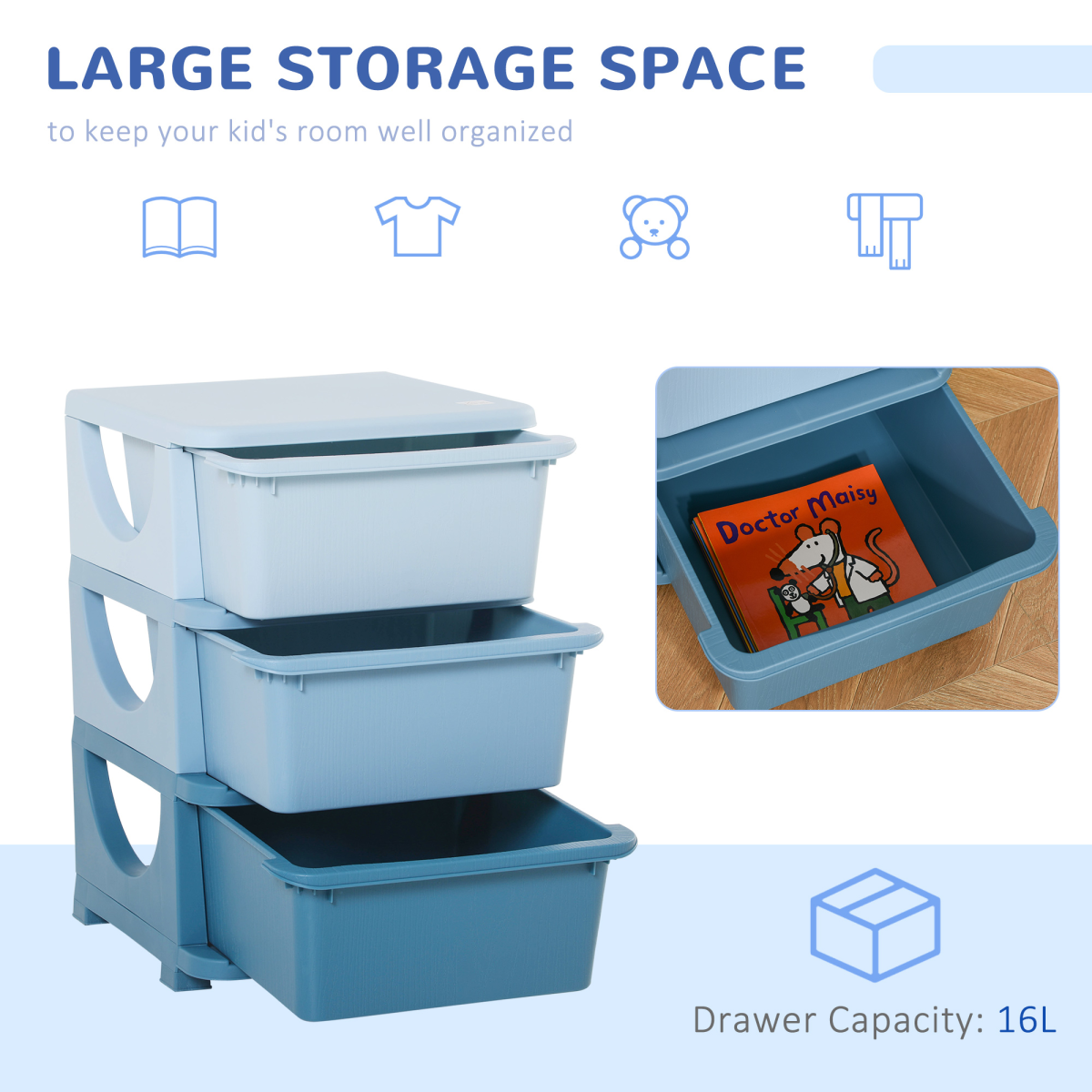 HOMCOM Kids 3-Drawer Storage Unit Vertical Plastic Dresser Tower