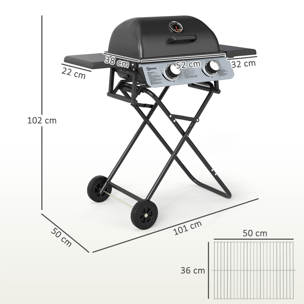 Outsunny Portable Foldable Gas Barbecue Grill with Thermometer, Black