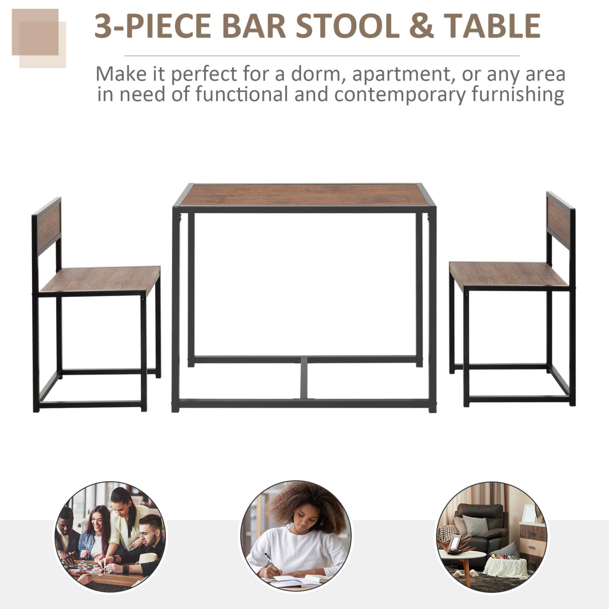 HOMCOM Industrial 3-Piece Bar Stool and Table Set, 2 Stool Chairs and Rectangular Table, Galvanised Steel Frame, Chestnut Brown MDF, Wood Tone
