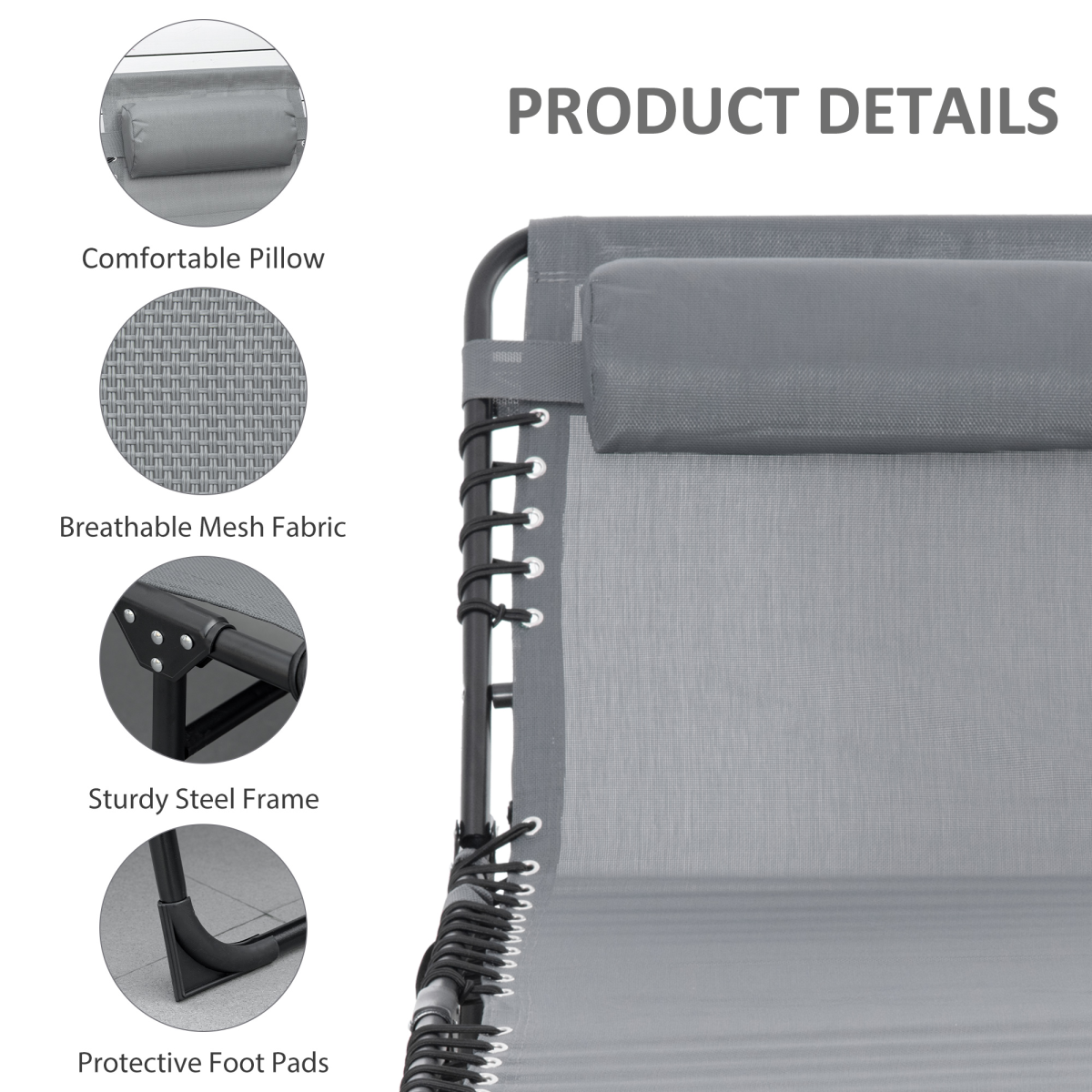 Outsunny Portable Sun Lounger Reclining Lounge Chair, 5-Position Adjustable Backrest, Removable Pillow, Side Pocket, Grey
