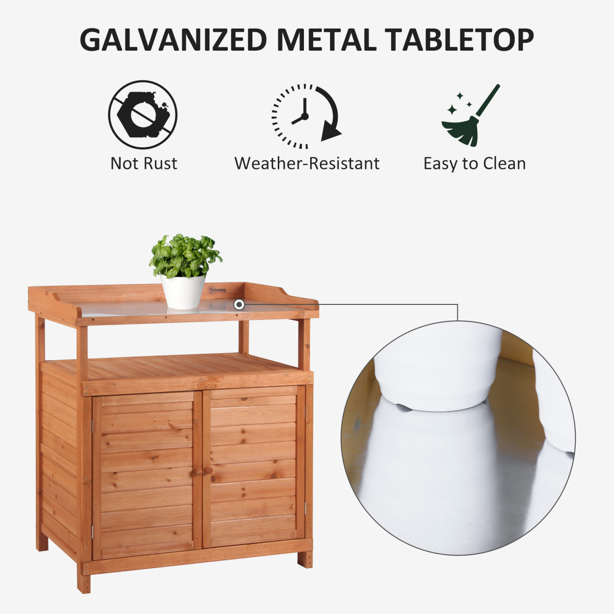 Outsunny 2-in-1 Potting Bench Table with Storage Cabinet and Galvanized Steel Tabletop