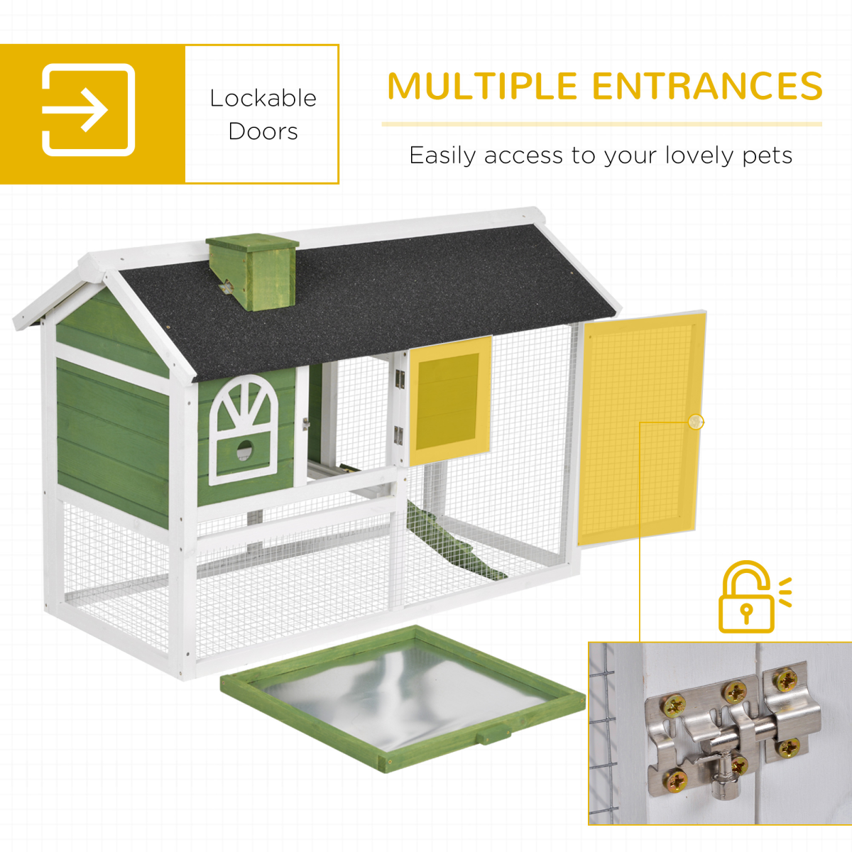 PawHut Wooden Rabbit Hutch Bunny Cage with Pull-Out Tray, Run and Ramp, Green