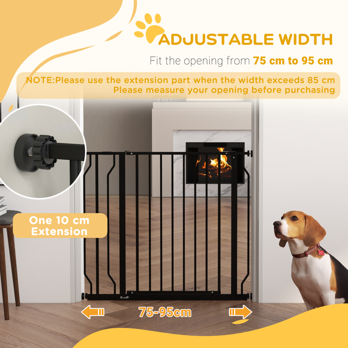PawHut Adjustable Dog Gate with Door, Pressure Fit, 75-95 cm, Black