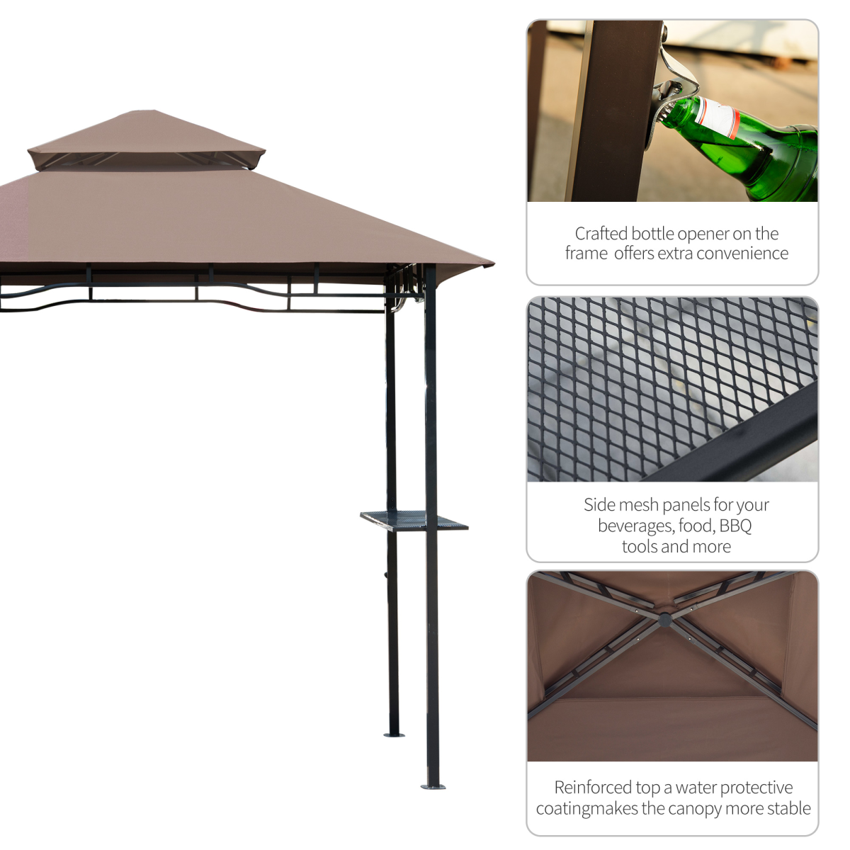 Outsunny 8ft Double-Tier Gazebo Grill Canopy Shelter with Side Shelves and Bottle Opener