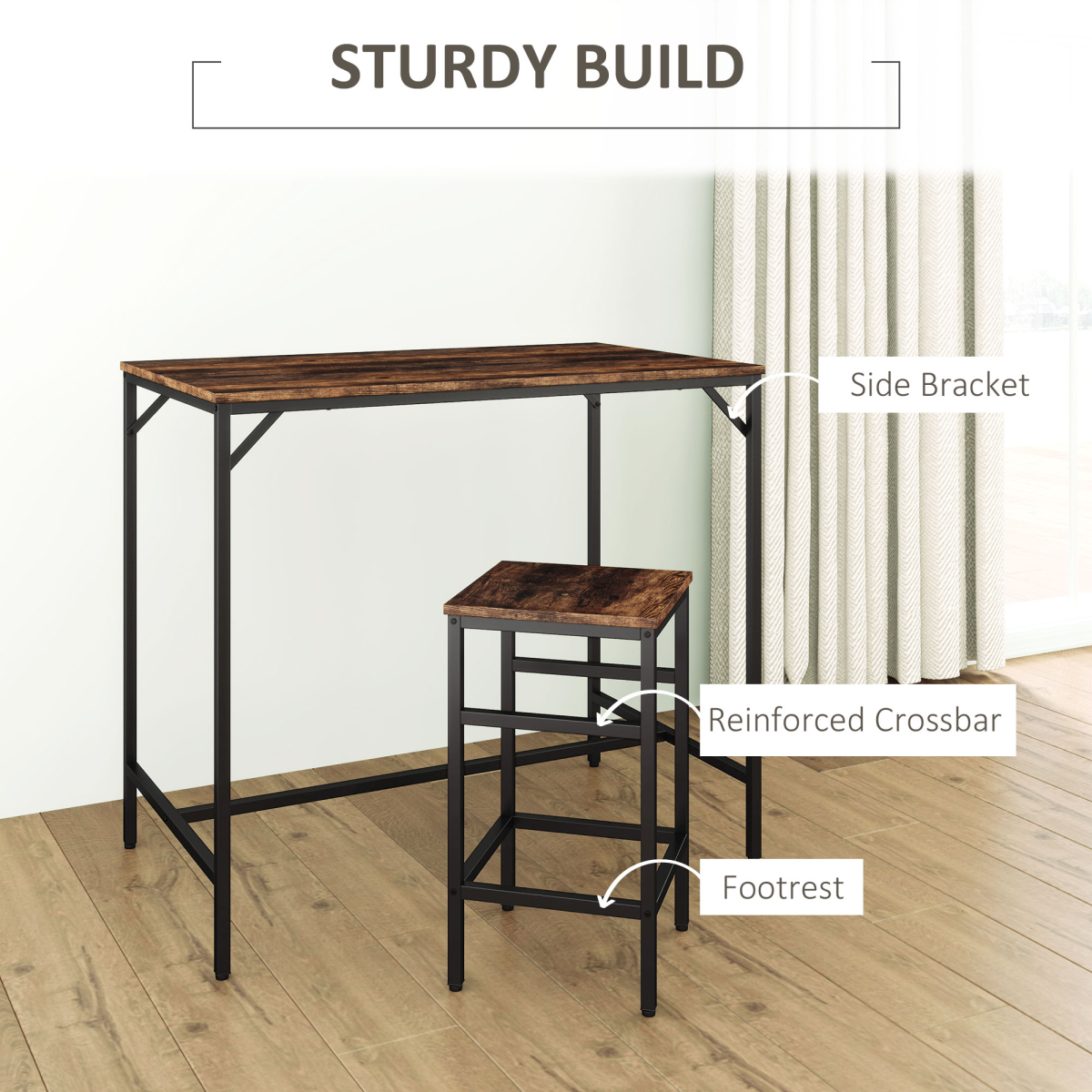 HOMCOM 5-Piece Space-Saving Bar Dining Set with Table and 4 Stools, Rustic Wood and Dark Metal