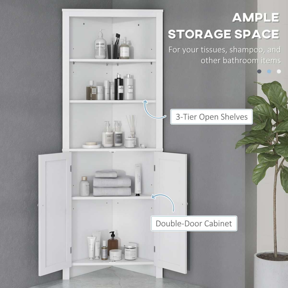 Freestanding Corner Bathroom Cabinet with Double Doors and Adjustable Shelves, White