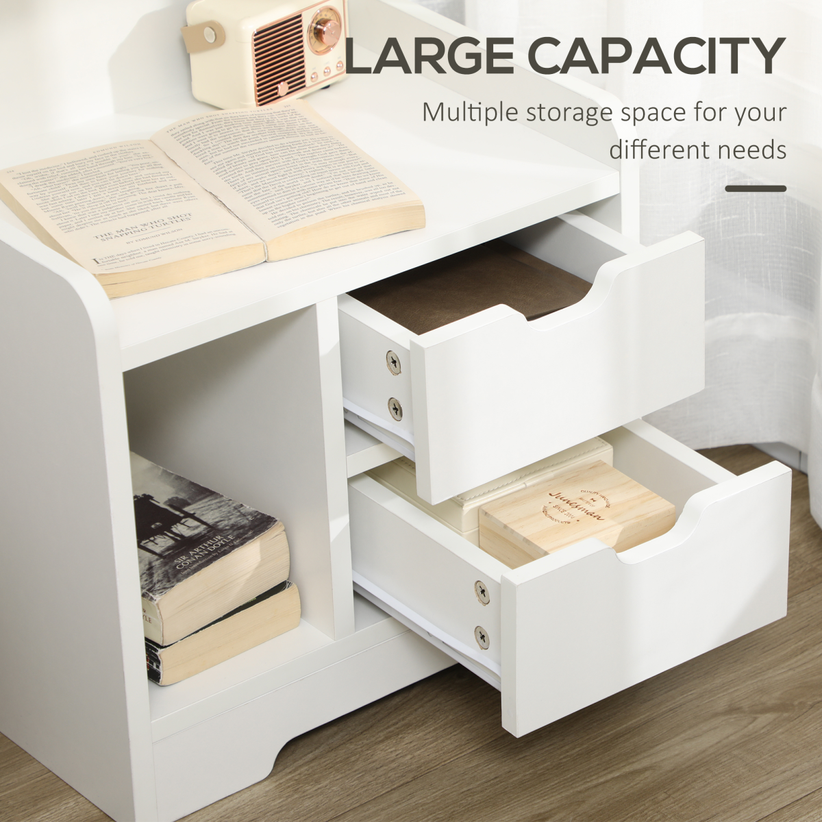 Modern Bedside Table with 2 Drawers and Storage Shelves, Nightstand for Bedroom and Living Room
