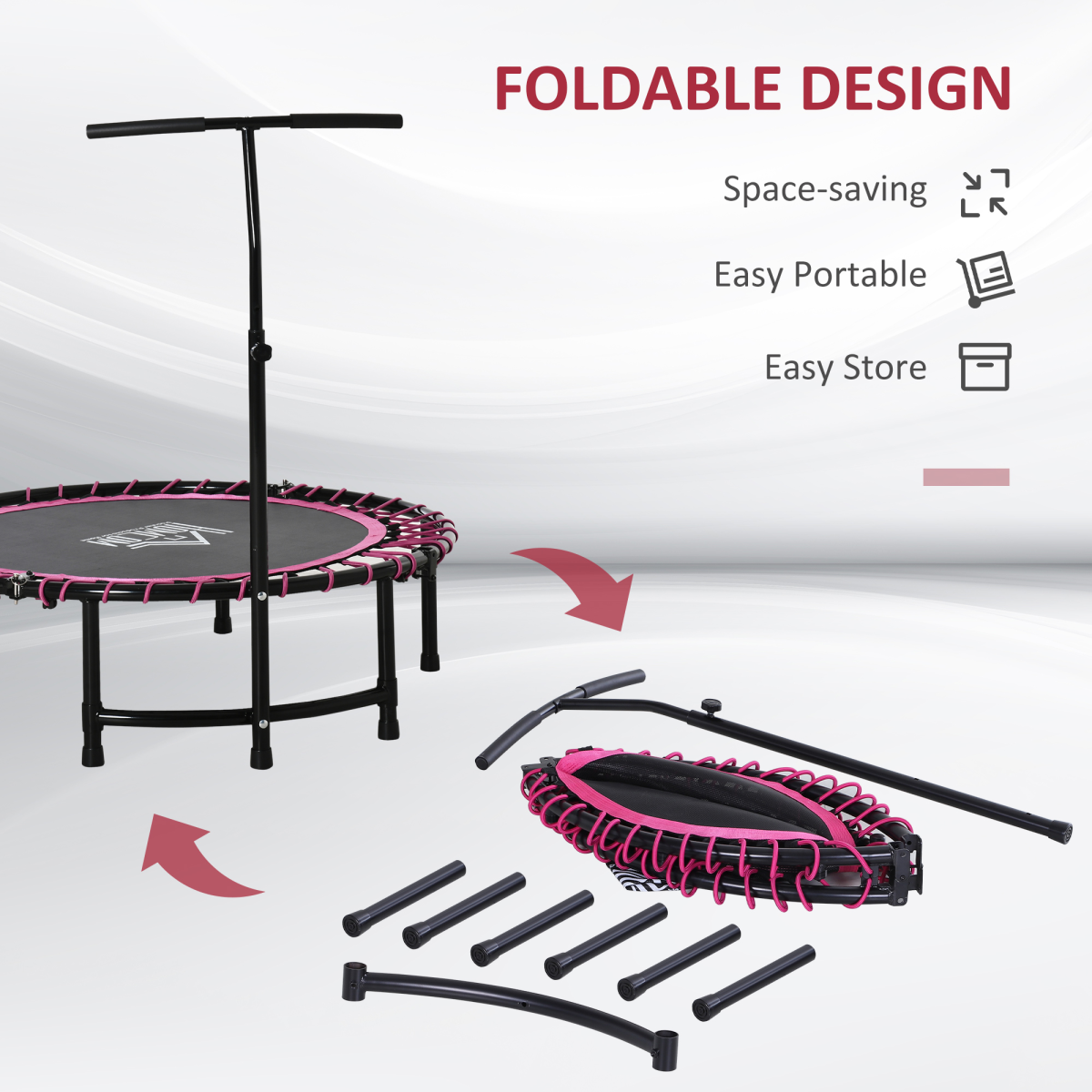 HOMCOM Folding Fitness Trampoline with Adjustable T-Bar Handle, Indoor and Outdoor Mini Rebounder, Steel Frame, 100kg Max Load