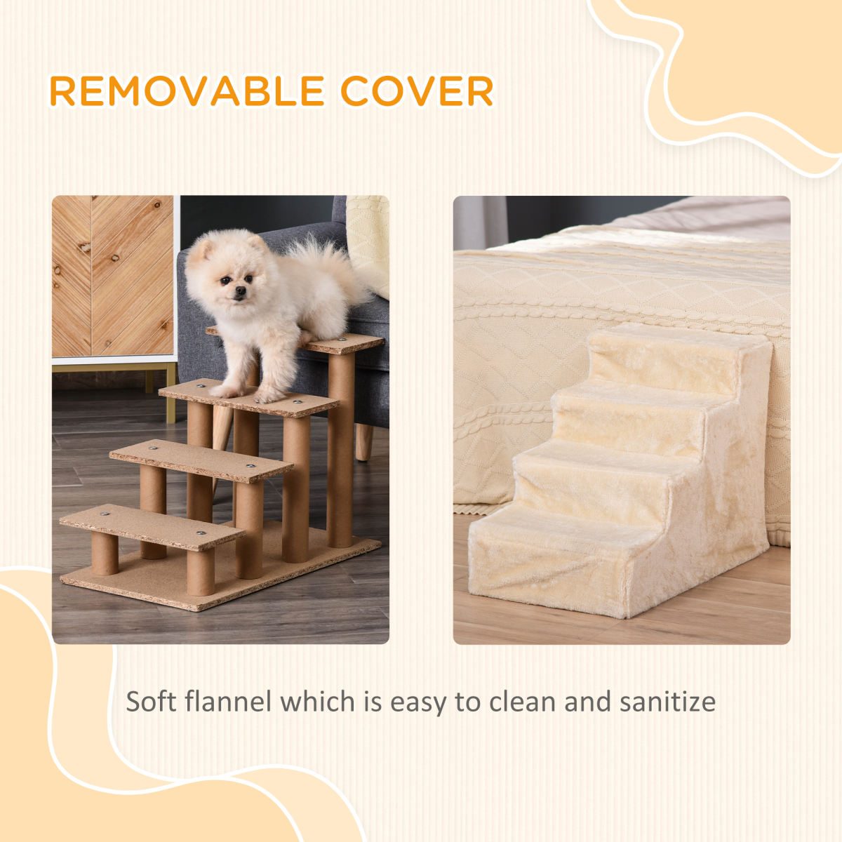 PawHut Beige Portable Dog Stairs with Washable Plush Cover for Beds & Sofas