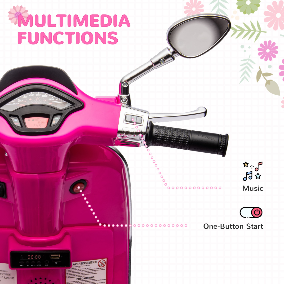 AIYAPLAY Licensed Vespa 12V Kids Electric Motorbike with Training Wheels, Pink