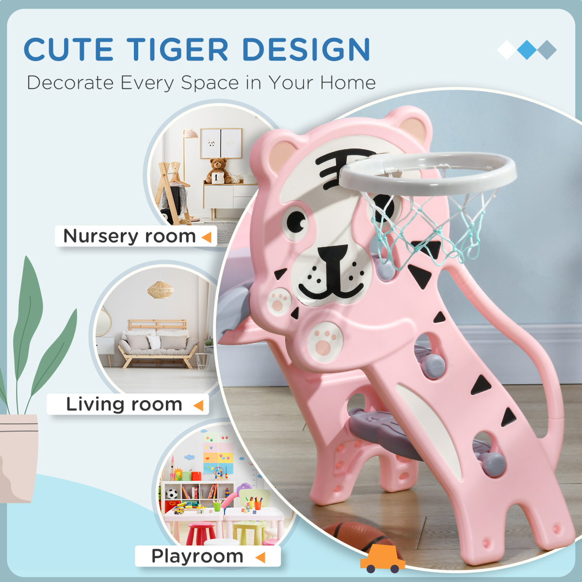 AIYAPLAY Kids Slide with Basketball Hoop, Pink, 18-36 Months