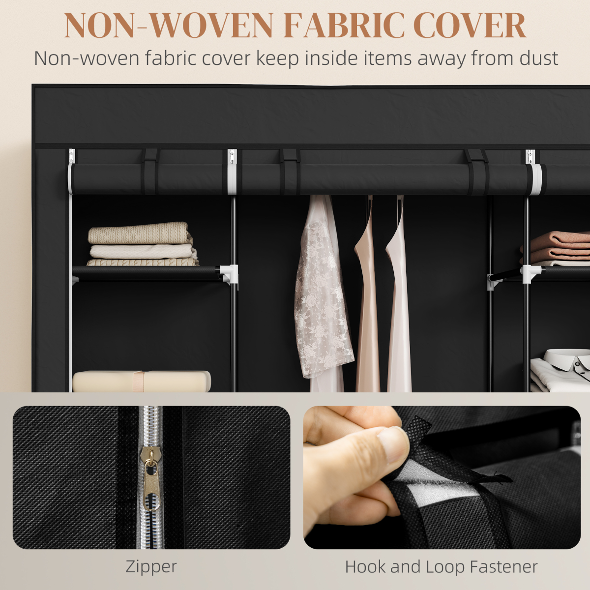 Portable Fabric Wardrobe with 10 Shelves and Hanging Rail, Black