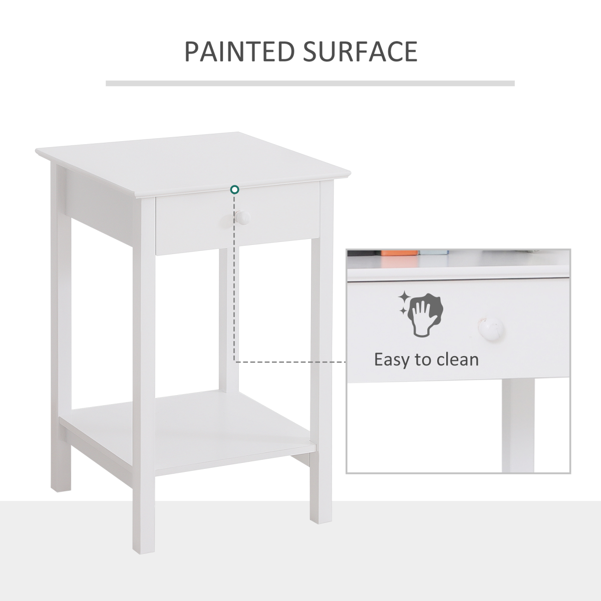 White Wooden Bedside Table with Drawer and Shelf Storage