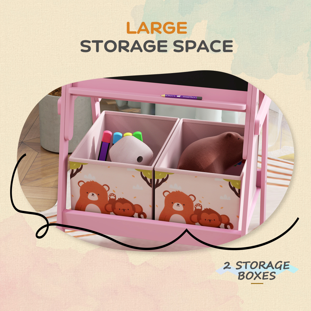 AIYAPLAY Pink 2-in-1 Kids Easel with Whiteboard, Chalkboard & Storage