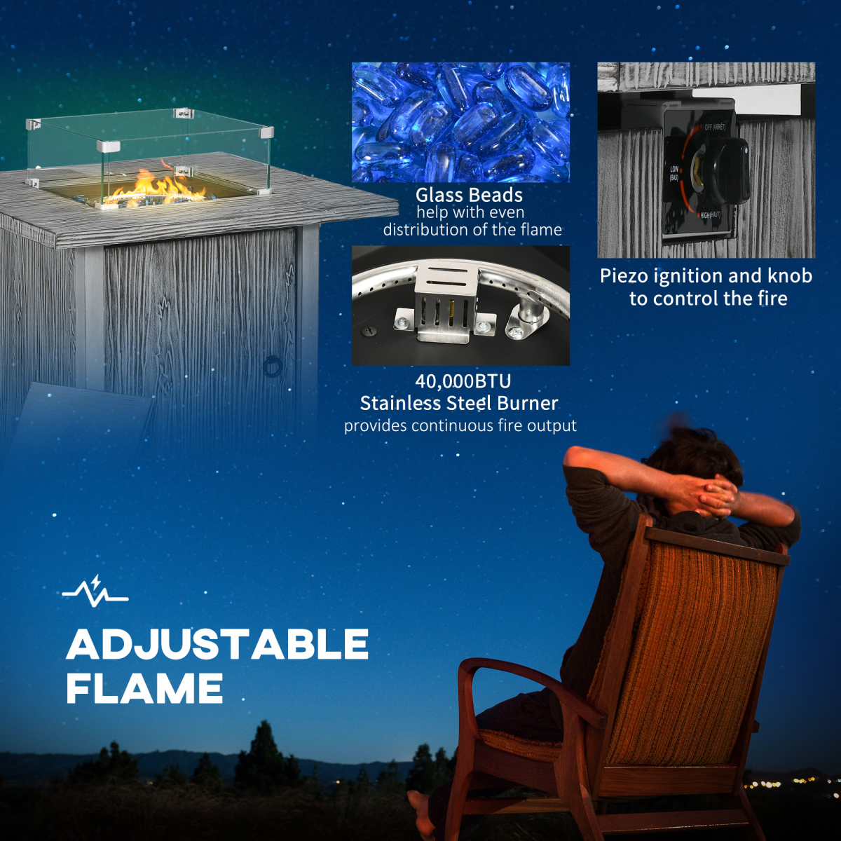 Outsunny Gas Fire Pit Table with 50,000 BTU Burner, Glass Screen and Rain Cover, Grey