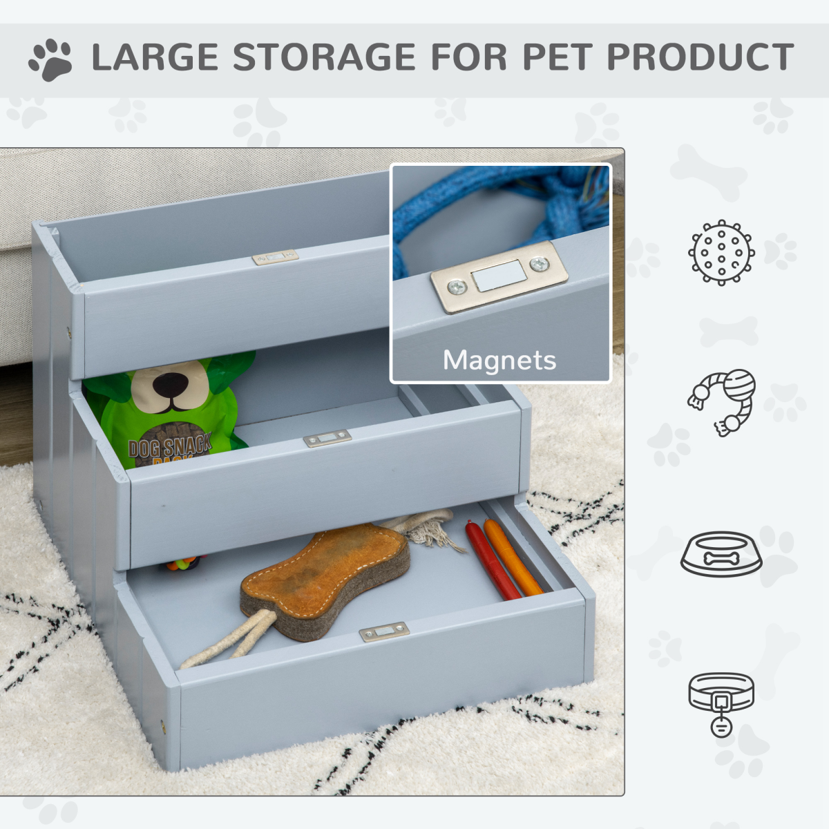 3-Step Wooden Dog Stairs with Hidden Storage, Grey
