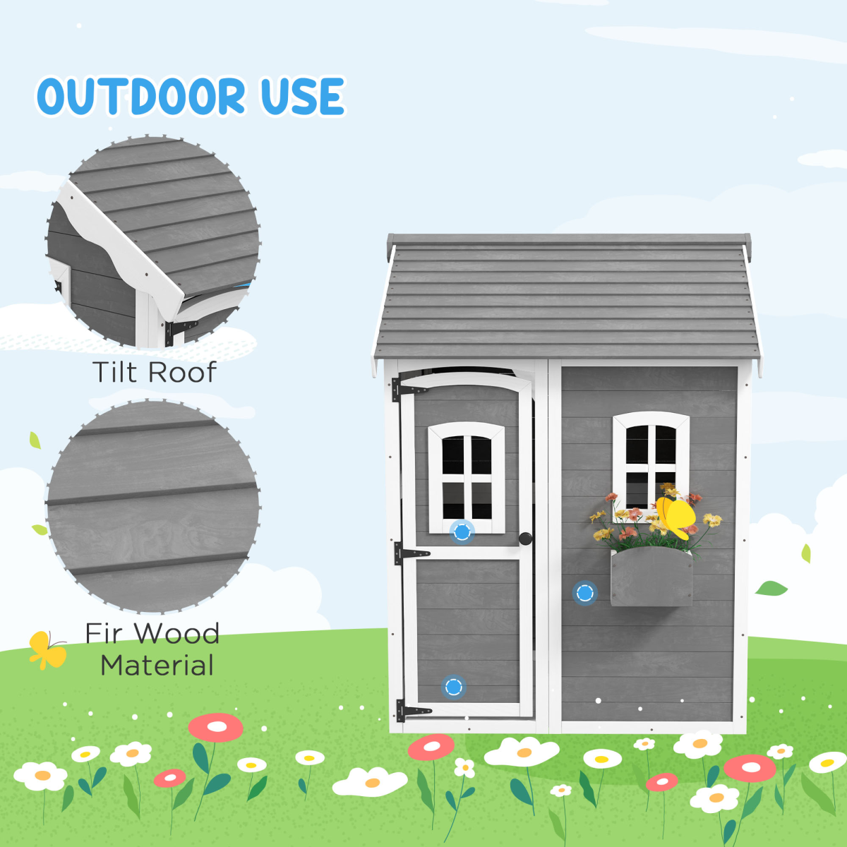 Outsunny Wooden Kids Wendy House with Floor, Grey