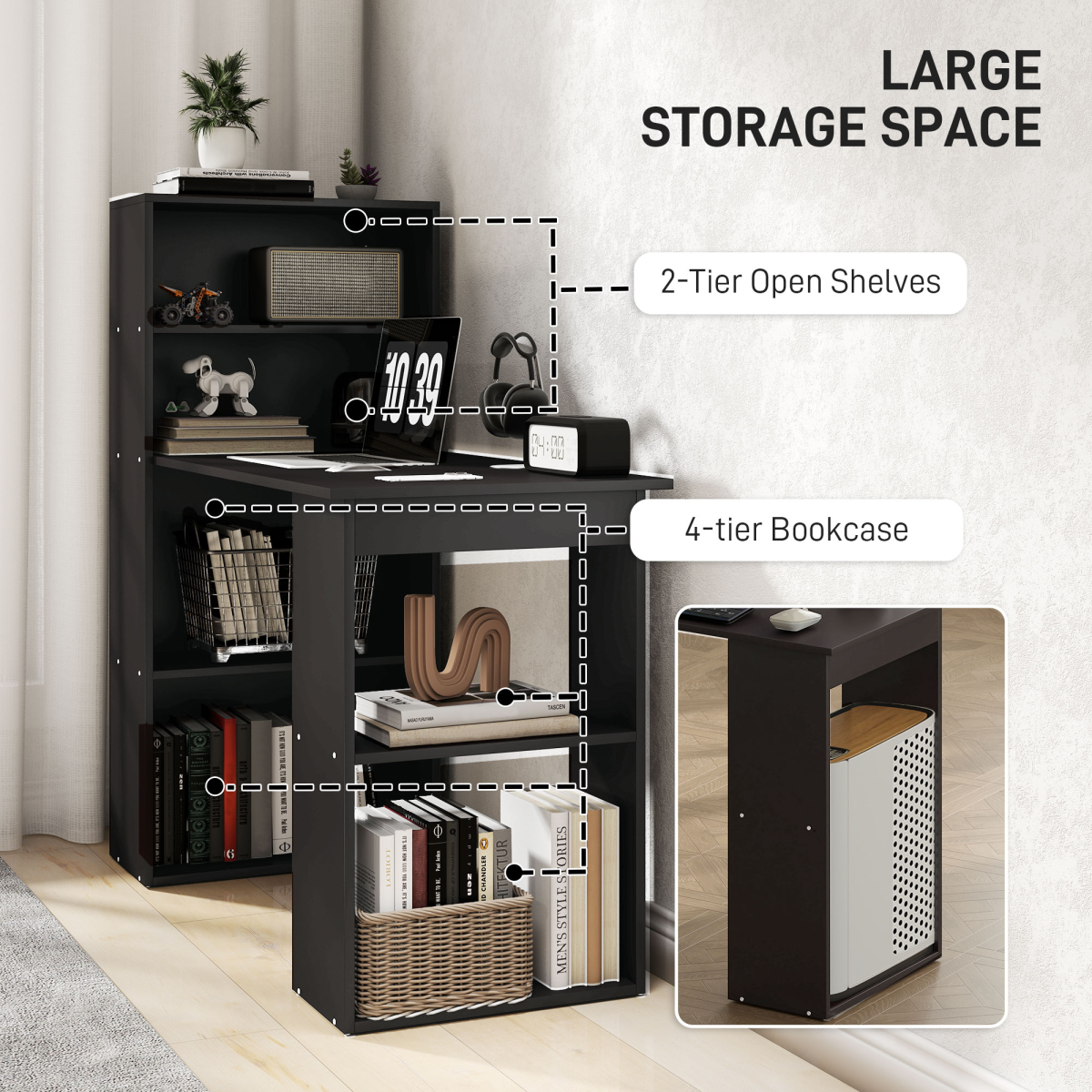 HOMCOM Computer Desk, 120 x 55 x 120 cm, Black, Space-Saving Design with 6 Shelves and Cubby Storage