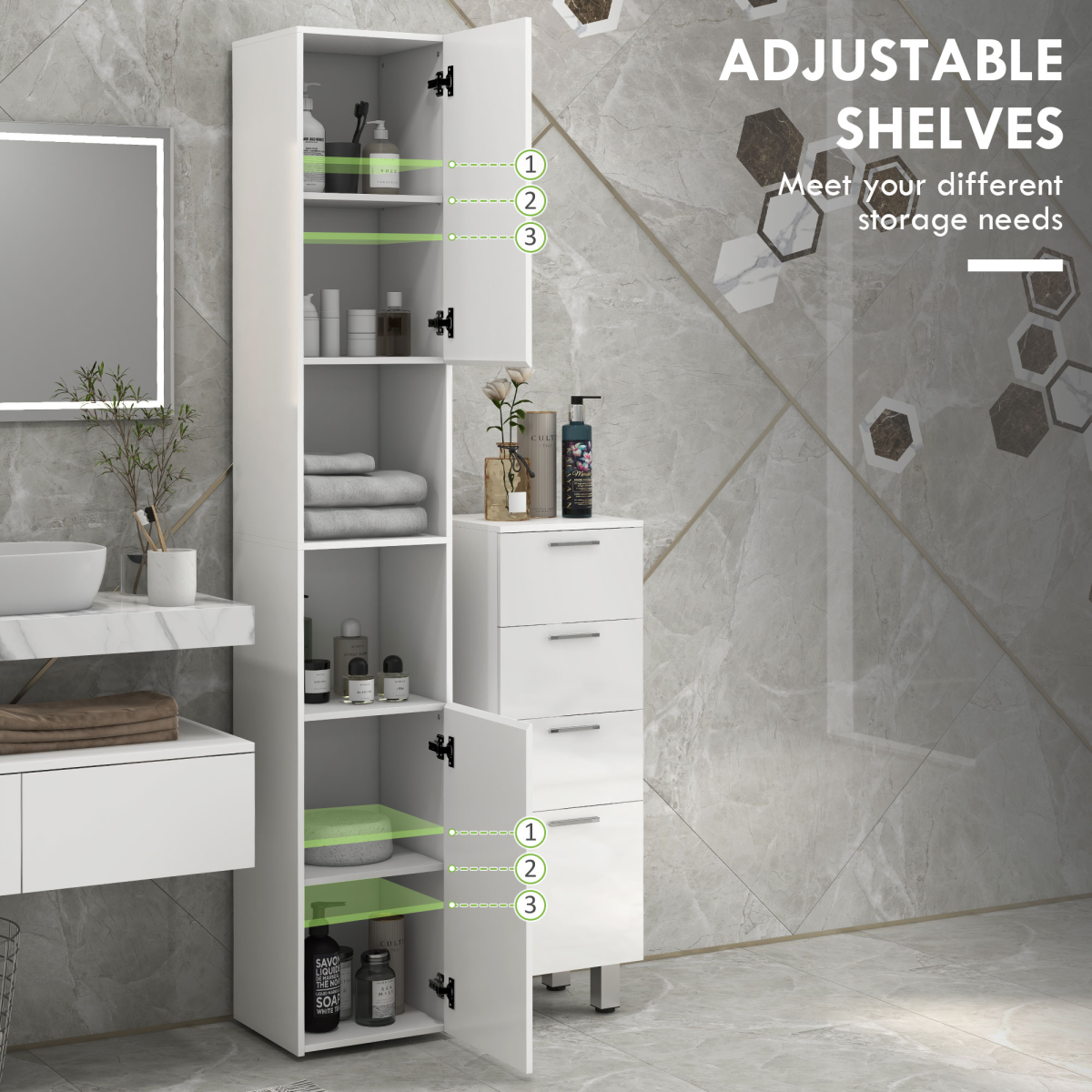 kleankin Bathroom Storage Cabinet, High Gloss White, Adjustable Shelves