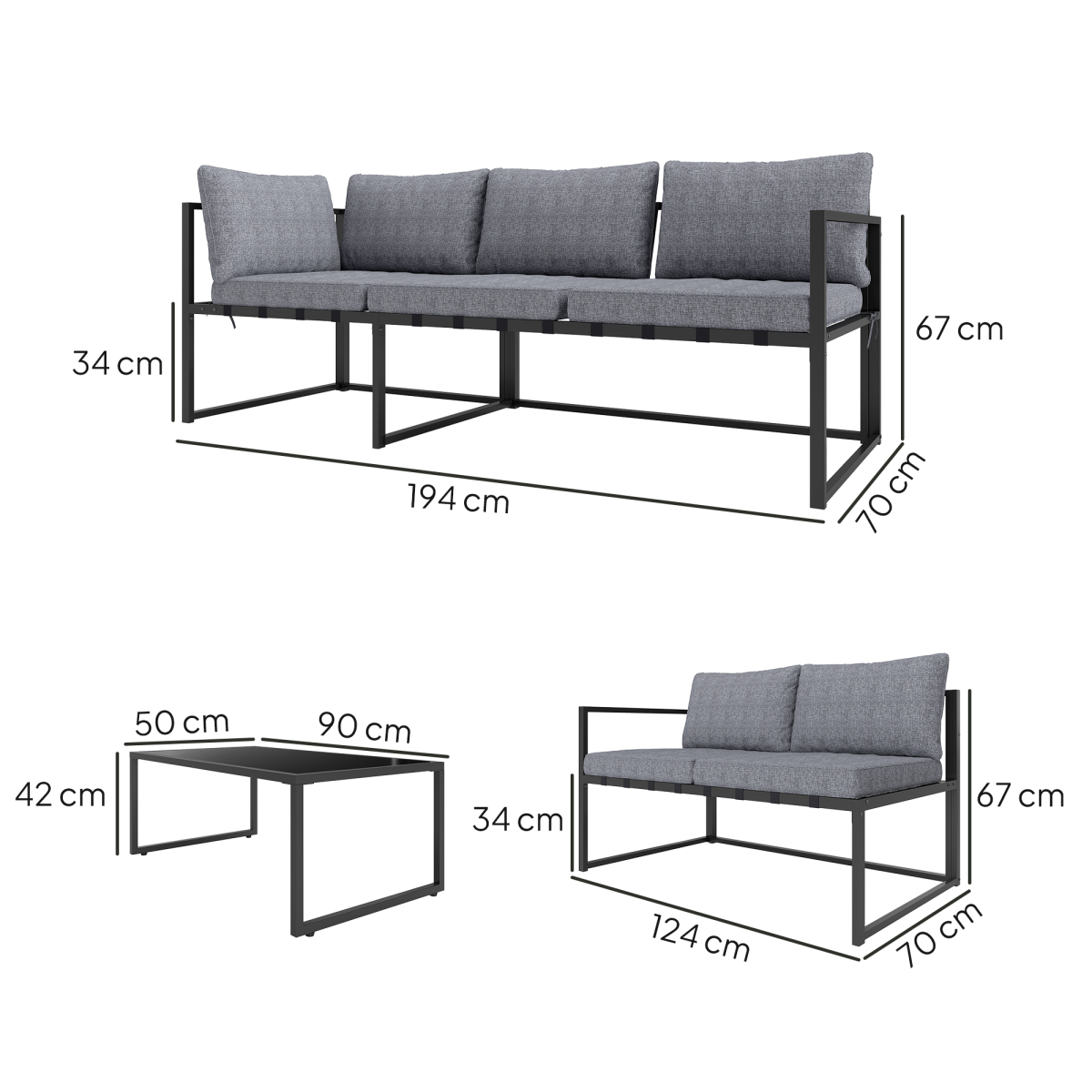 Outsunny 3-Piece Grey Garden Furniture Set with Cushions