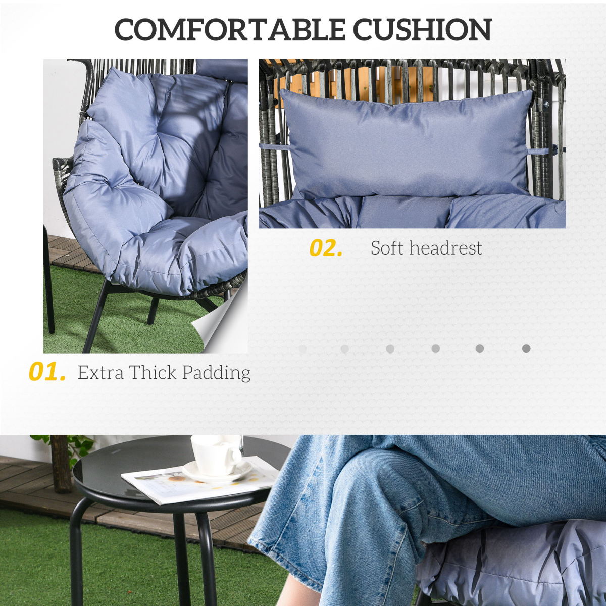 Outsunny Grey Rattan Egg Chair with Cushion and Headrest