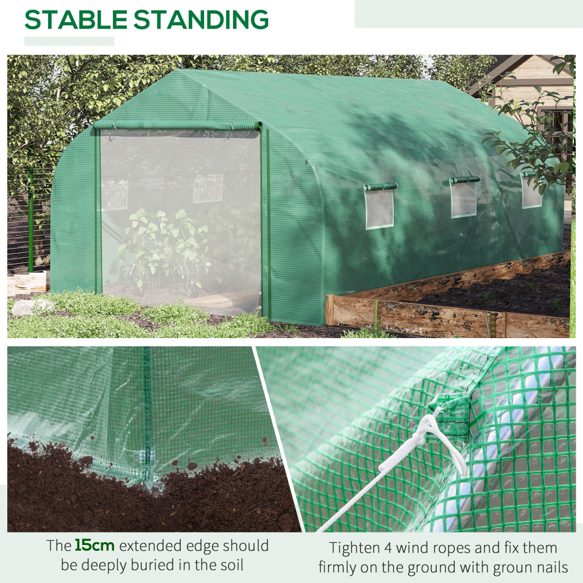 Outsunny 4.47 x 3 x 2m Walk-In Polytunnel Tent with PE Cover, Zip Door, 6 Mesh Windows, Green