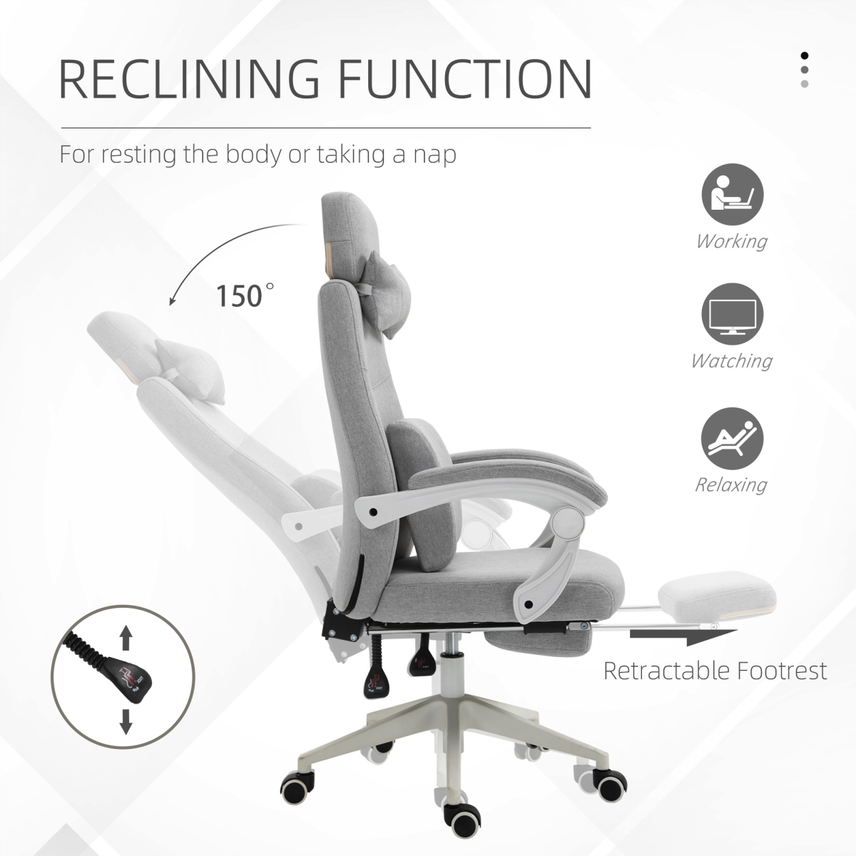 Grey Ergonomic Home Office Chair with Footrest, Swivel, Adjustable Height