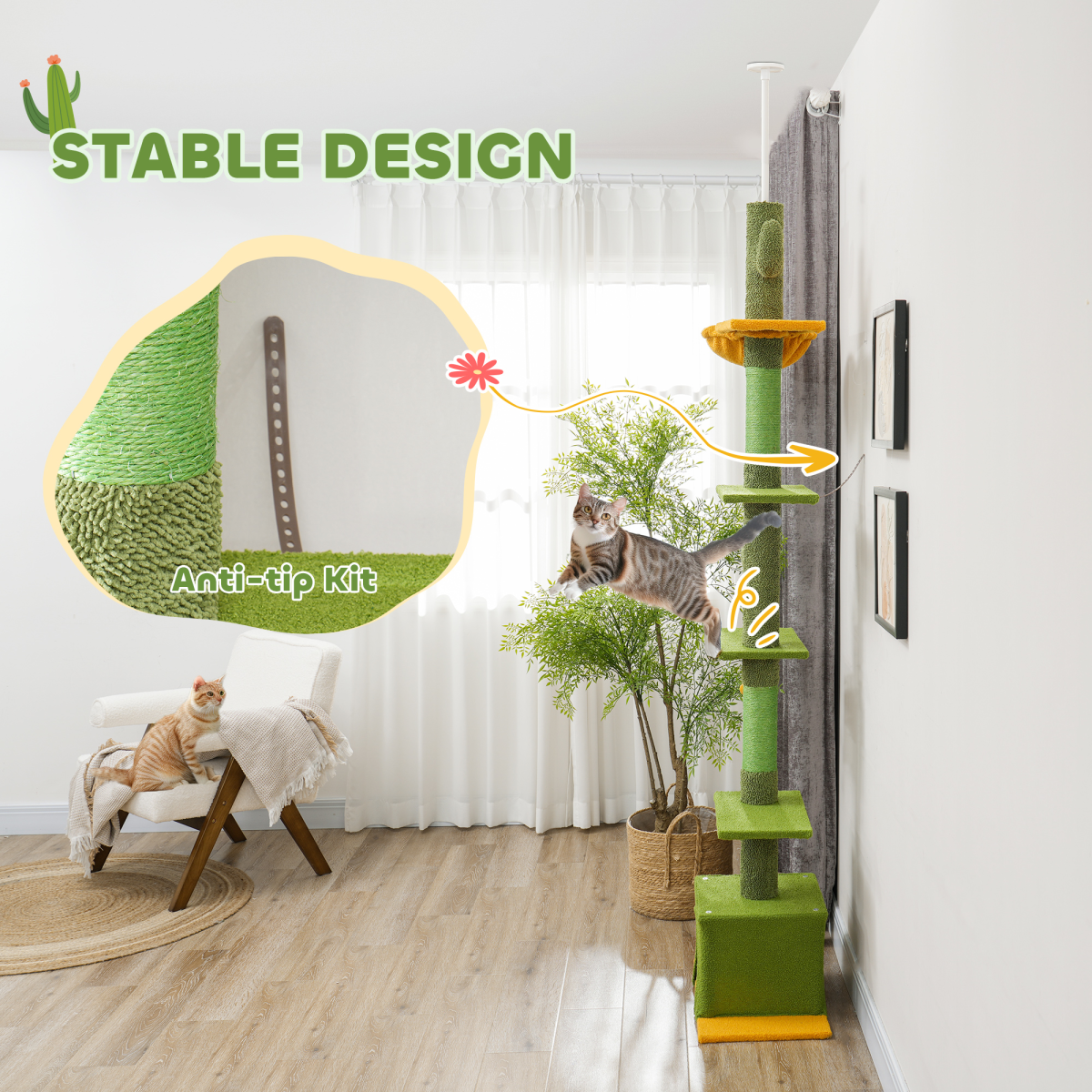 PawHut Adjustable Floor-to-Ceiling Indoor Cat Tree with House & Hammock