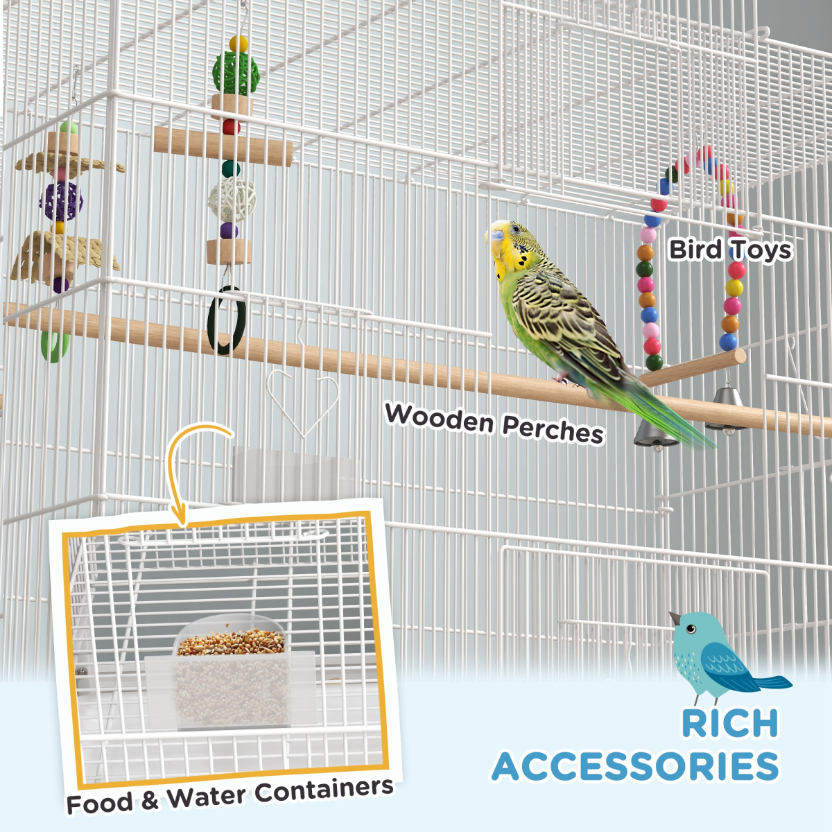 PawHut Bird Cage with Stand, Wheels & Toys for Budgies and Finches, White