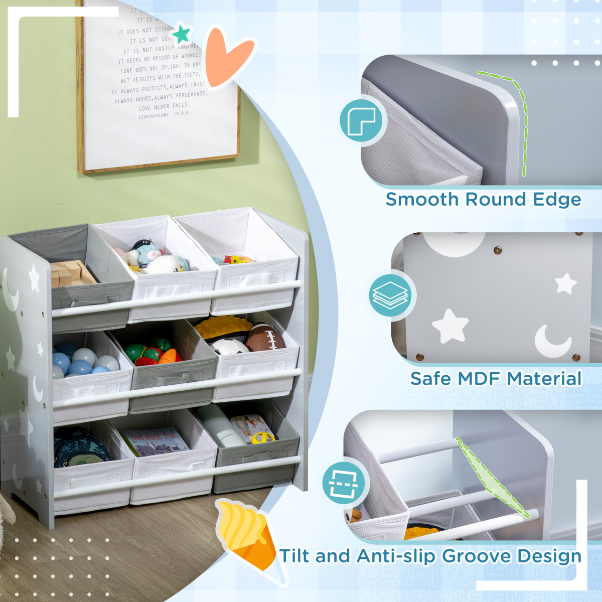 ZONEKIZ 9-Basket Storage Unit for Nursery Playroom, 3-Tier Kids Toy Storage, Grey