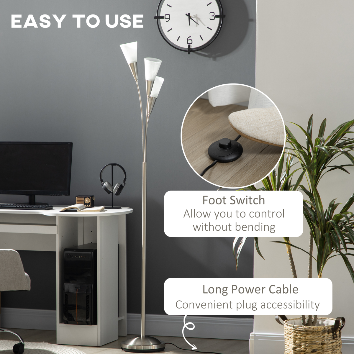 3-Light Upright Floor Lamp, Uplighter Standing Lamp for Home