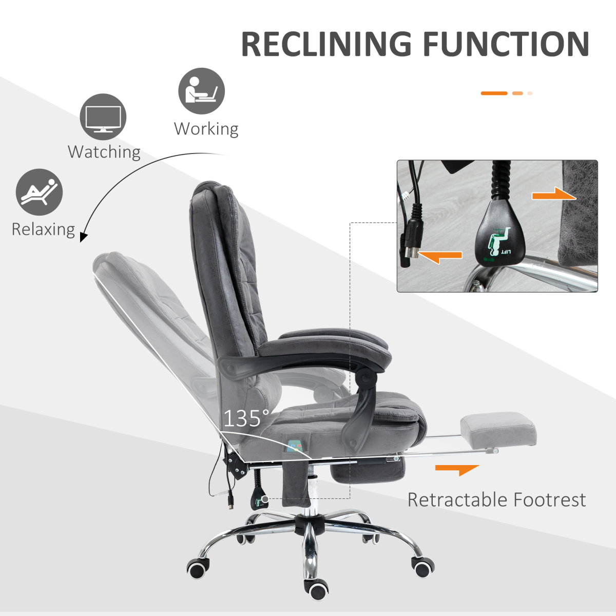 Vinsetto High Back Heated Massage Reclining Office Chair, Dark Grey